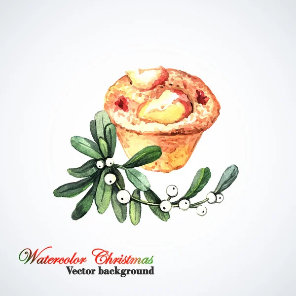 Acquerello Cupcake di Natale con vischio — Vettoriale Stock