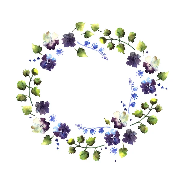 Couronne aquarelle aux fleurs bleues — Image vectorielle