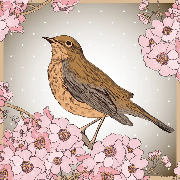 Pájaro de primavera con flores — Vector de stock