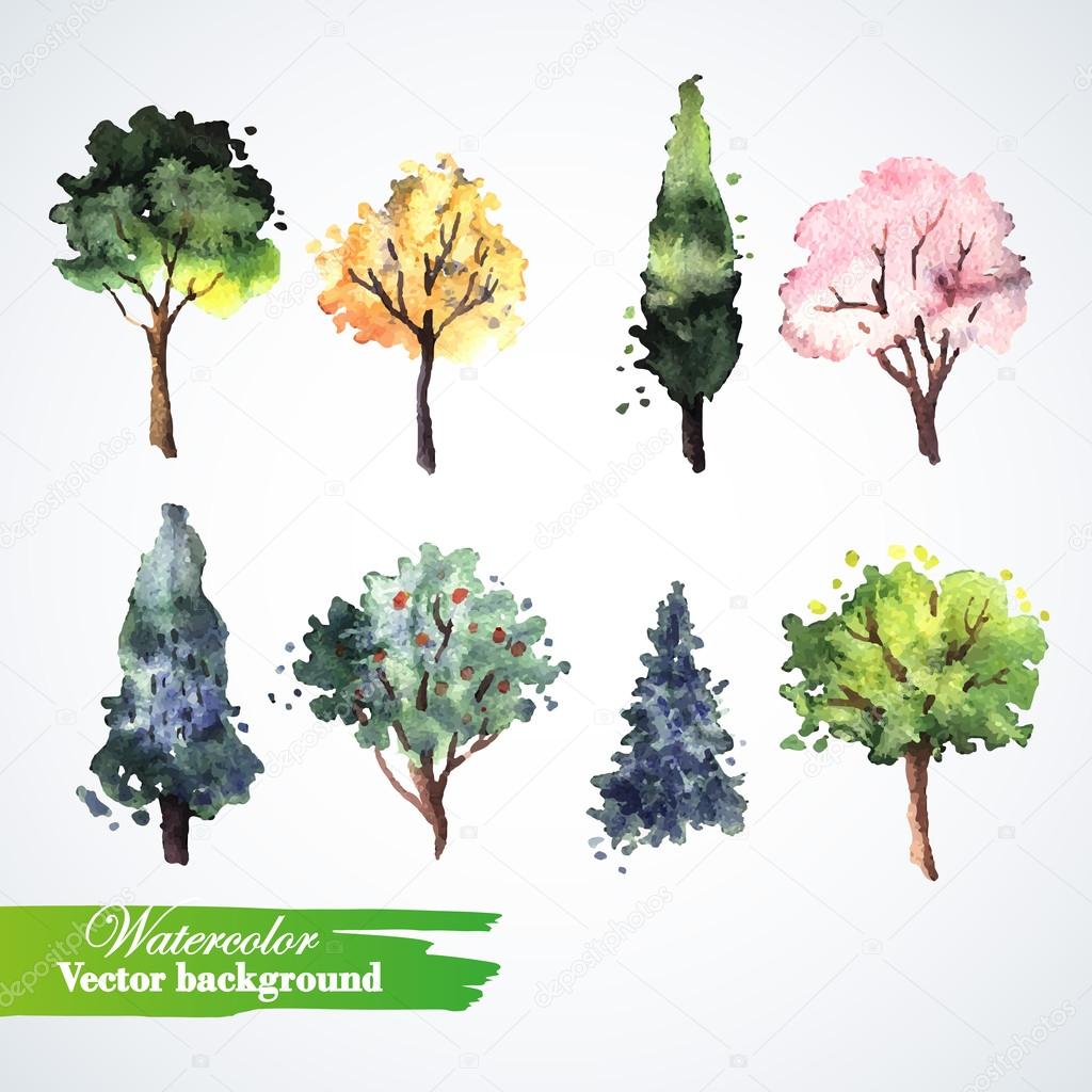 Set of watercolor trees