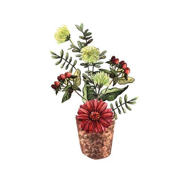Akvarell blommor i keramiska potten. — Stock vektor