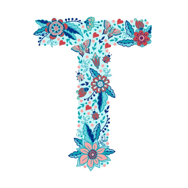 Floral alphabet letter T — Stock Vector