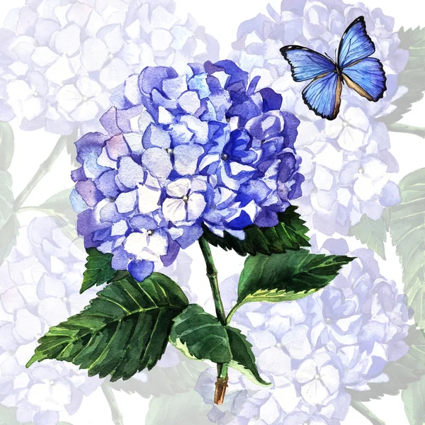 Blauwe hortensia en vlinder — Stockfoto