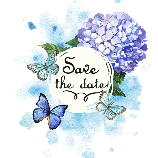 Invitation with blue hydrangea and butterflies. — Stock Vector