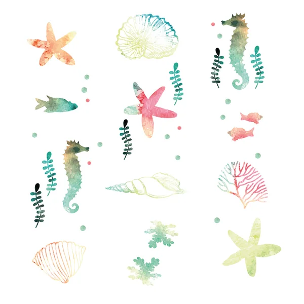 Aquarelle Ensemble de vie marine — Image vectorielle
