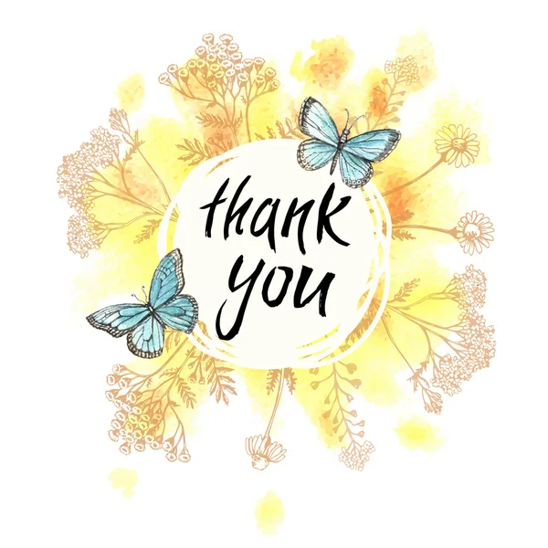 Картка Дякую з травою та метеликами — стоковий вектор