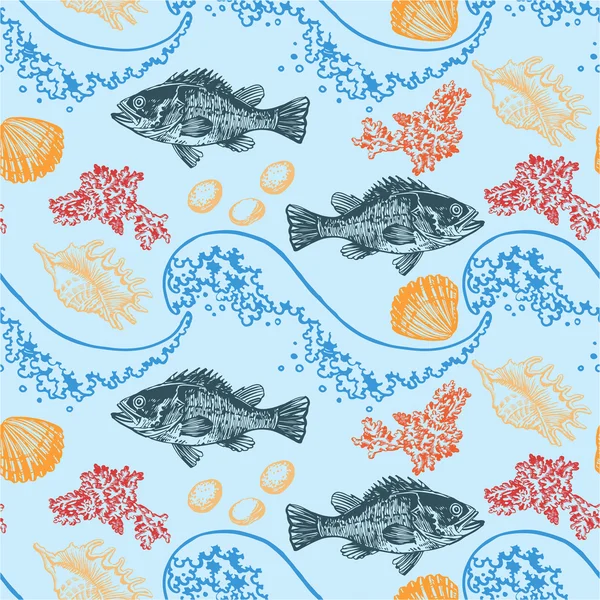 Color sea pattern with fish and shells. — ストックベクタ