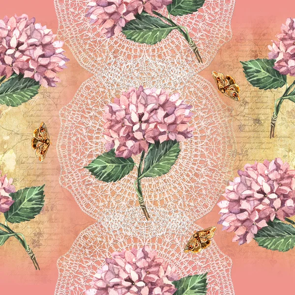 Шаблон с розовыми гортензиями и бабочками — стоковое фото