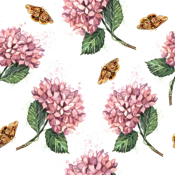 Pattern with pink hydrangeas and butterflies — Stock Photo, Image