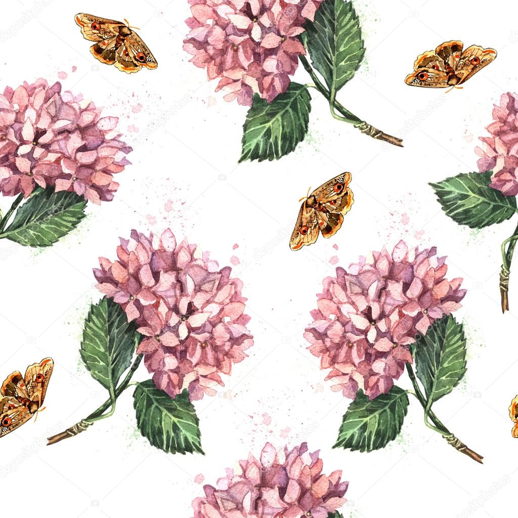 Pattern with pink hydrangeas and butterflies