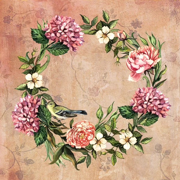 Grinalda de flores e pássaro — Fotografia de Stock