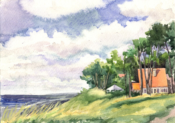 Морской пейзаж с домом и деревьями
