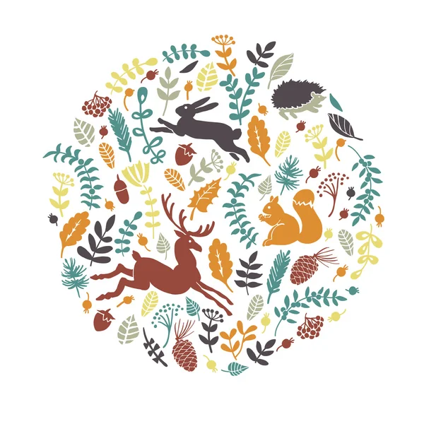 Composición con animales y plantas silvestres — Vector de stock