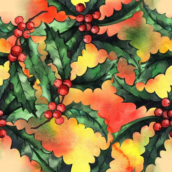 Holly dalları ile desen — Stok fotoğraf