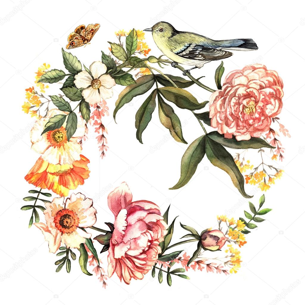 wreath with delicate flowers and bird