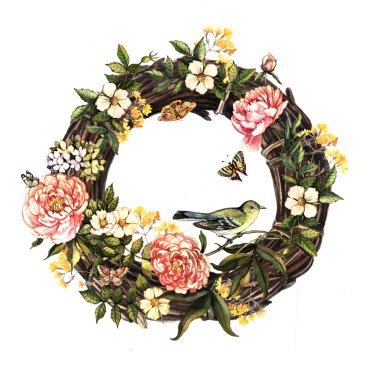 bahar çiçekleri ve kuş çelenk