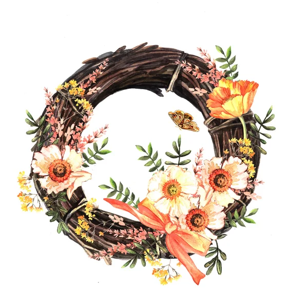 Watercolor wreath with flowers — Stock Photo, Image