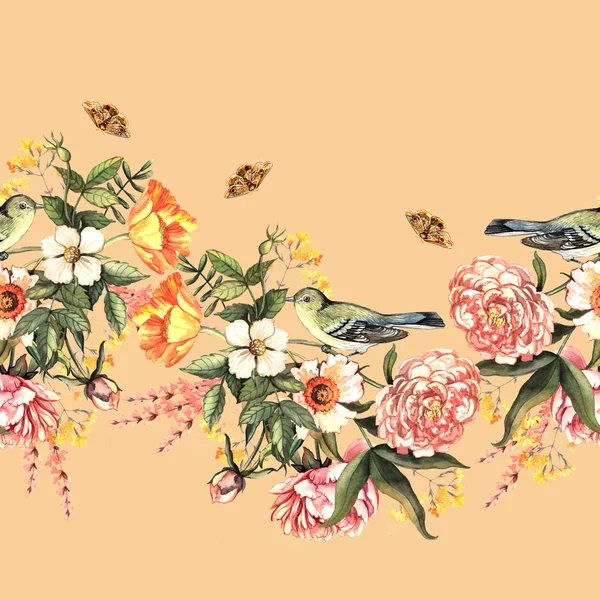 Grens met bloemen en vogels — Stockfoto