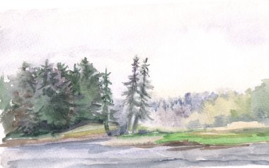 Göl ile suluboya manzara