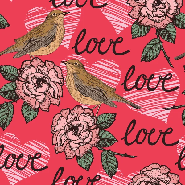 Patrón romántico con pájaros y flores — Vector de stock