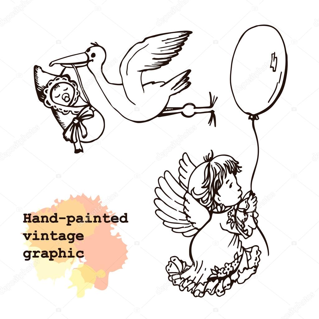 Angelo e una cicogna con bambino — Vettoriale Stock