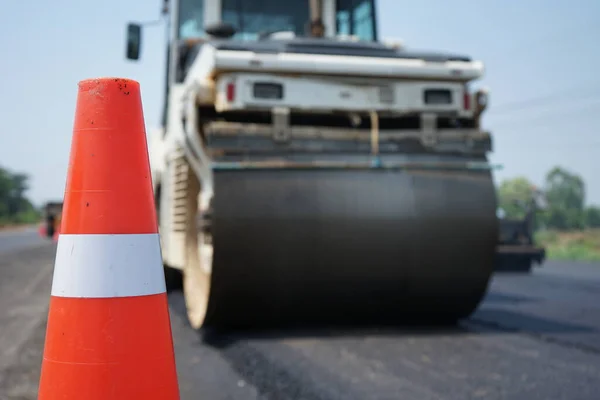 Asphalt Paving Blur Red Rubber Cone Front — Stock Photo, Image