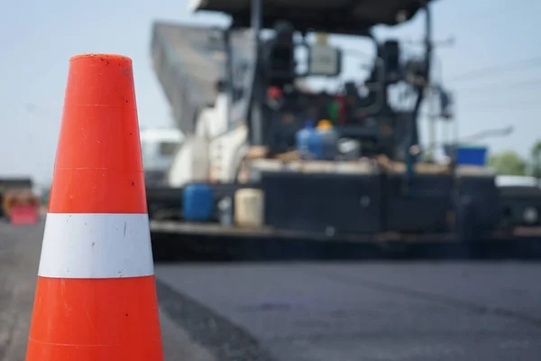 Asphalt Paving Blur Red Rubber Cone Front — Stock Photo, Image