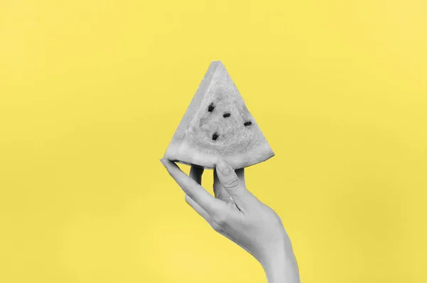 Color Year 2021 Illuminating Ultimate Gray Hand Holding Slice Watermelon — Stock Photo, Image