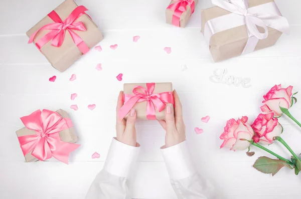 Close Female Hands Holding Presents Valentine Day Birthday Mother Day — 图库照片