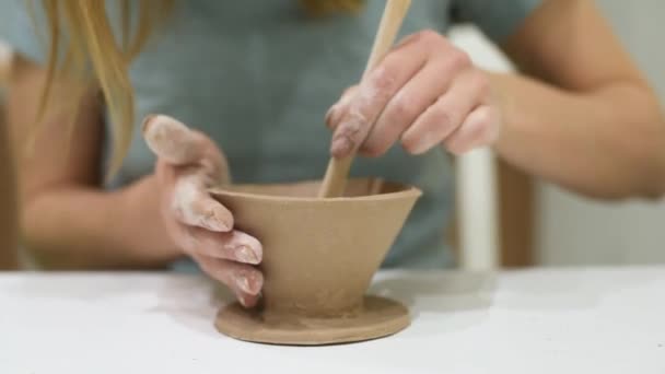 Vrouwelijke pottenbakker vormgeving en houtsnijwerk mok in aardewerk workshop, studio — Stockvideo