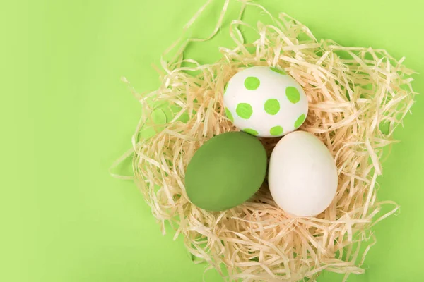 Nido Con Huevos Pascua Pintados Color Sobre Fondo Verde Imágenes de stock libres de derechos