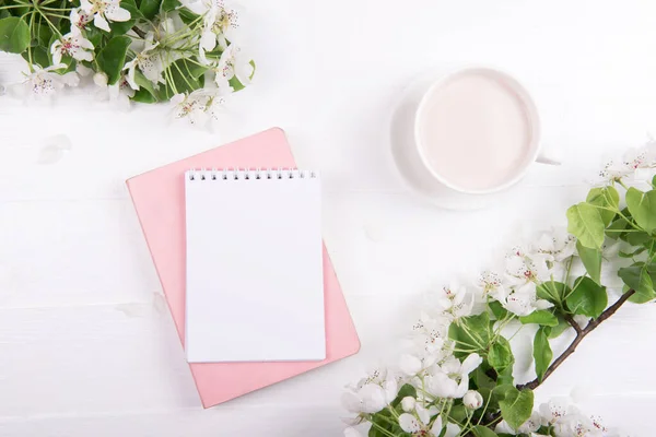 Creative Flat Lay Workspace Desk Notepad Spring Blossom Wooden Background Royalty Free Stock Images