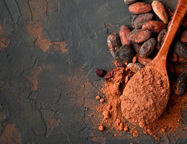 Koyu çikolata parçaları, kakao tozu ve kakao çekirdekleri, mutfak arka planı. Boşluğu kopyala