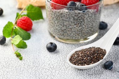 Hindistan cevizi sütüyle sağlıklı chia pudingi ve bardakta taze böğürtlen. Seçici odaklanma, makro