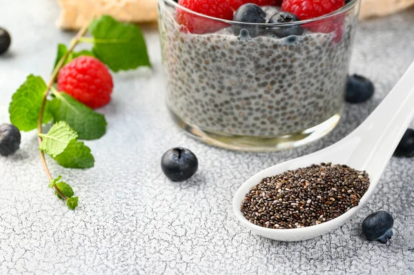 Chia seeds with Healthy chia pudding with coconut milk and fresh berry in a glass. Selective focus, macro