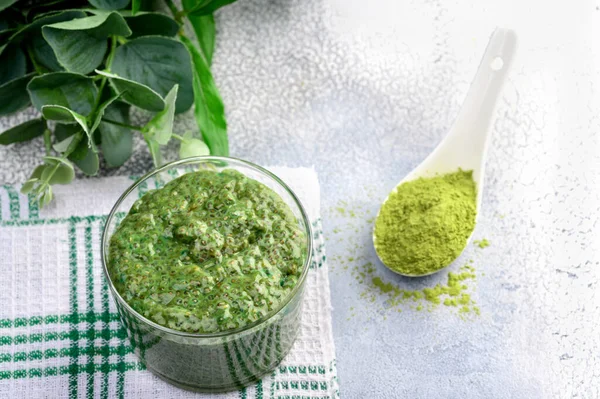 Caseiro Matcha Chá Verde Chia Pudim Sementes Sobremesa Vegan Fundo — Fotografia de Stock