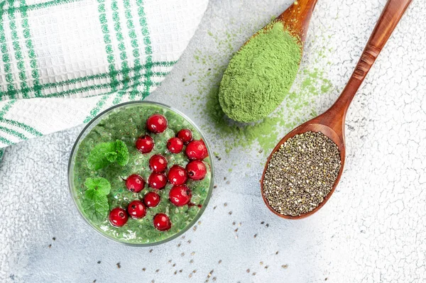 Caseiro Matcha Chá Verde Chia Pudim Sementes Sobremesa Vegan Fundo — Fotografia de Stock