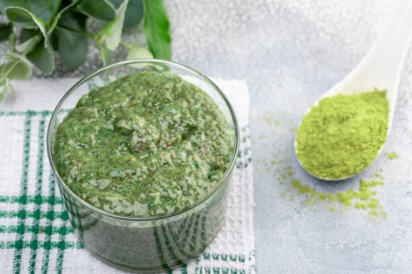 Matcha Fatto Casa Verde Chia Semi Budino Dessert Vegan Sfondo — Foto Stock