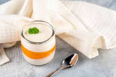 Hafif bir arka planda cam bir kavanozda mangolu taze ev yapımı organik yoğurt..