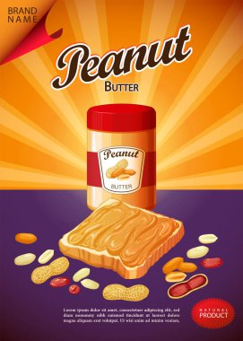 Fıstık ezmesi ve sandviç. Markalı, düzenlenebilir metin ve Arachis fasulye resimleriyle reklam için dikey poster. Vektör illüstrasyonu