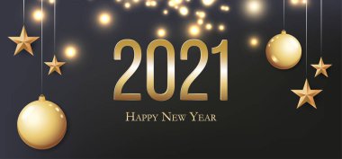 2020 mutlu yıllar. Altın Noel baloları, ışık, yıldızlar ve yazı için yer. Davet veya bayrak.