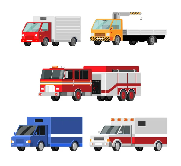 Stad auto vector pictogrammen ingesteld. Ambulance, brandweerwagen, postwagen, sleepwagen, kraan, vrachtwagen — Stockvector