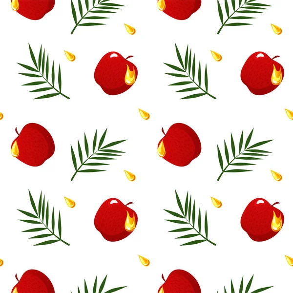 Naadloos patroon met appels, palmbladeren en honingdruppels. Ik ben Shana Tova. — Stockvector