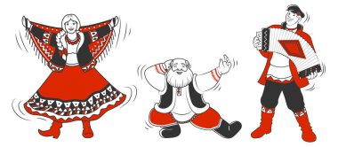 Shrovetide veya Maslenitsa. Büyüleyici kutlamalar, geleneksel Rus kostümlü mutlu dansçılar.