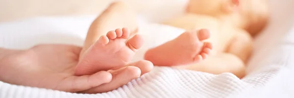 Newborn legs. Sister holding little feet. Two people