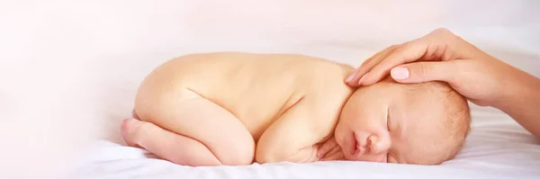 Petite tête de nouveau-né. Mère touche les petits gens. Concept de soins de santé. Parentalité — Photo