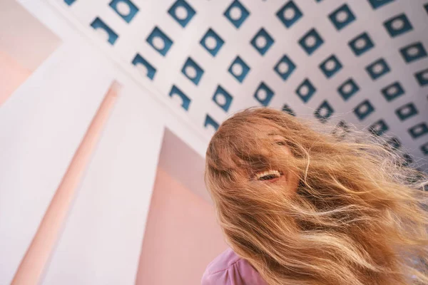 Young woman portrait in city. Upside. Outdoors cafe. Summer happy people — Stock Photo, Image