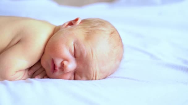 Kleines Neugeborenes. Startseite Babyporträt. Schläfrige süße Person — Stockvideo