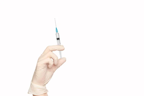 Person in blue glove hold vaccine bottle syringe. Injection pharmacy concept — Stock Photo, Image