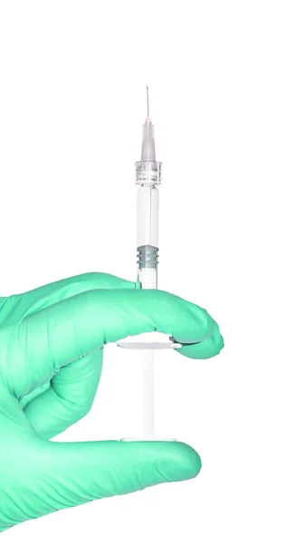 Person in blauem Handschuh hält Impfflaschenspritze. Injektionsapothekenkonzept — Stockfoto